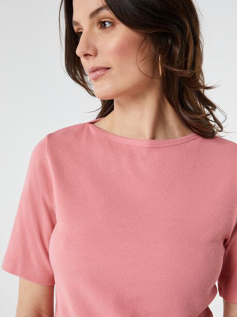 Rib Elbow Sleeve Boatneck Tee, Pink, hi-res