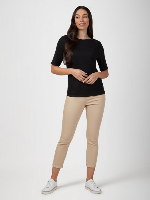 Rib Elbow Sleeve Boatneck Tee, Black, hi-res