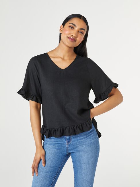 Ivy V-Neck Ruffle Top, Black, hi-res