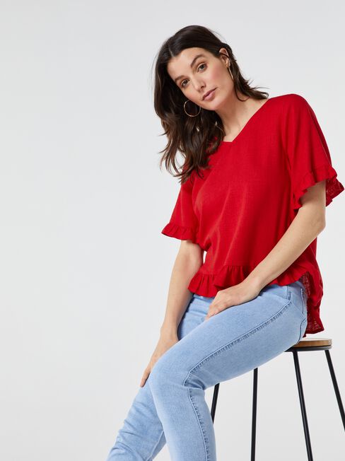 Ivy V-Neck Ruffle Top, Red, hi-res