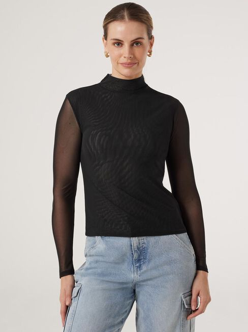 Kim Mesh Mock Neck Top, Black, hi-res