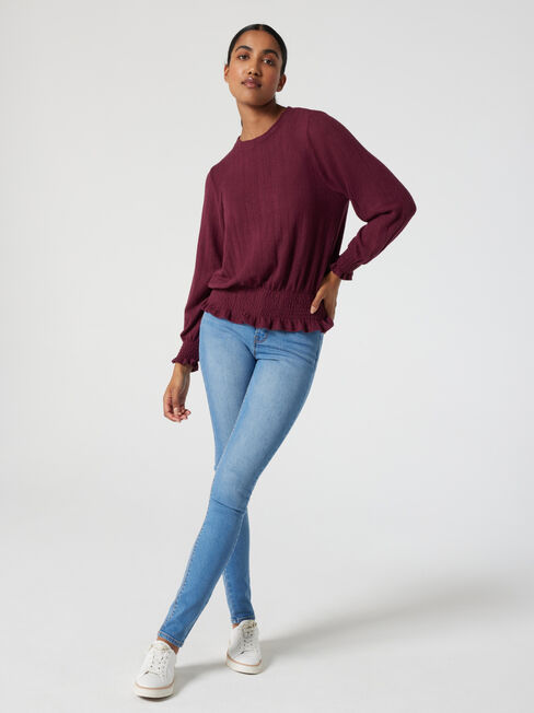 Jemma Soft Touch Shirred LS Top, Merlot, hi-res