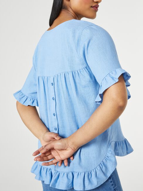 Ivy V-Neck Ruffle Top, Light Blue, hi-res