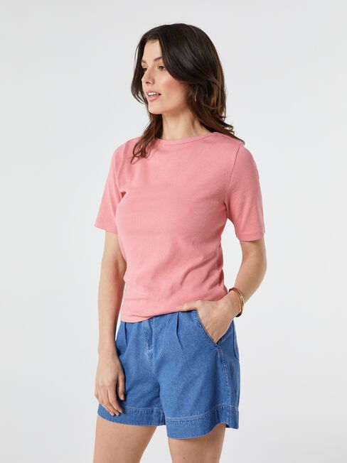 Rib Elbow Sleeve Boatneck Tee, Pink, hi-res