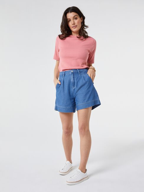 Rib Elbow Sleeve Boatneck Tee, Pink, hi-res