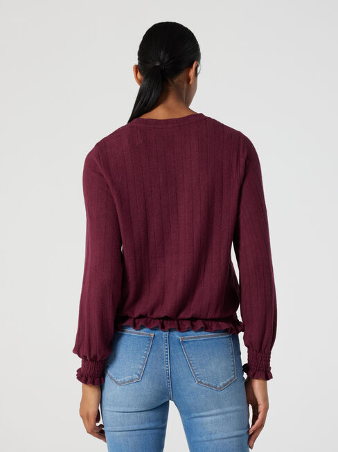 Jemma Soft Touch Shirred LS Top, Merlot, hi-res