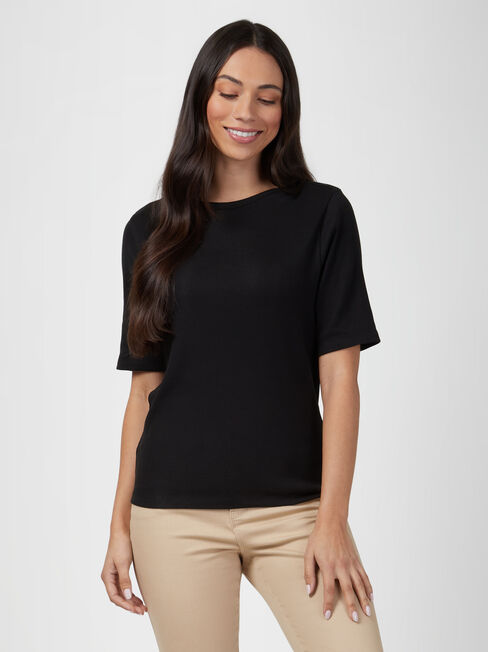 Rib Elbow Sleeve Boatneck Tee, Black, hi-res