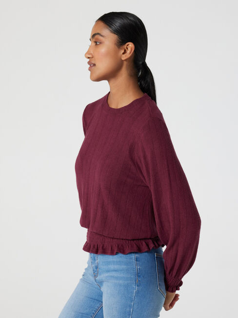 Jemma Soft Touch Shirred LS Top, Merlot, hi-res