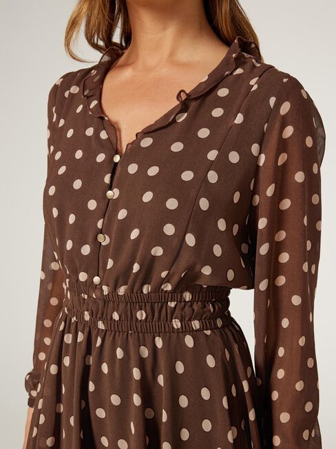 Sonya Tiered Dress, Choc Polka Dot, hi-res