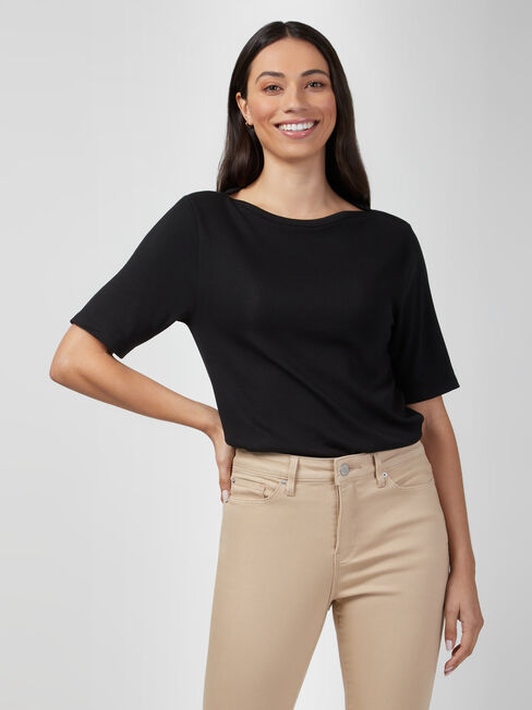 Rib Elbow Sleeve Boatneck Tee, Black, hi-res