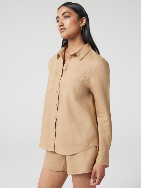 J-Luxe Classic Linen Shirt, Brown, hi-res