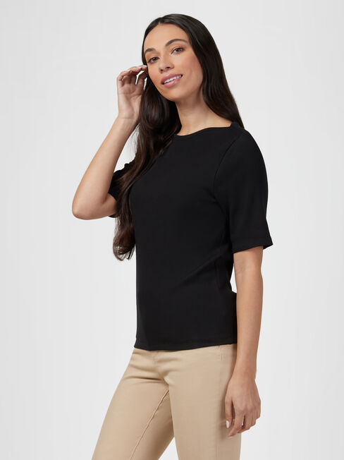 Rib Elbow Sleeve Boatneck Tee, Black, hi-res