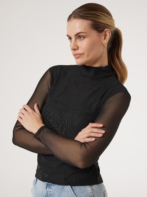 Kim Mesh Mock Neck Top, Black, hi-res