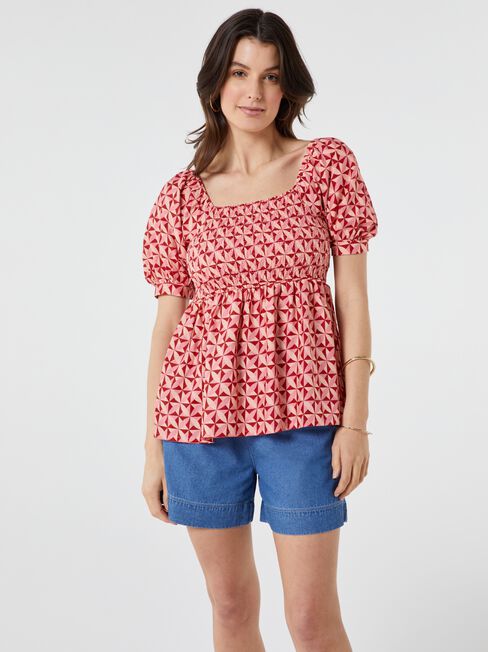 Chloe Shirred Bodice Top, Red, hi-res