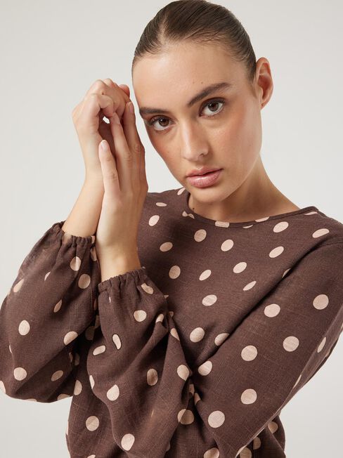 Cielo Elastic Hem Top, Choc Polka Dot, hi-res