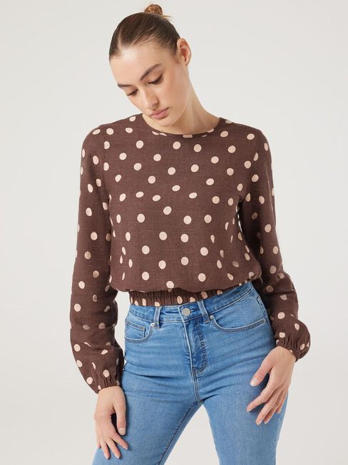 Cielo Elastic Hem Top, Choc Polka Dot, hi-res