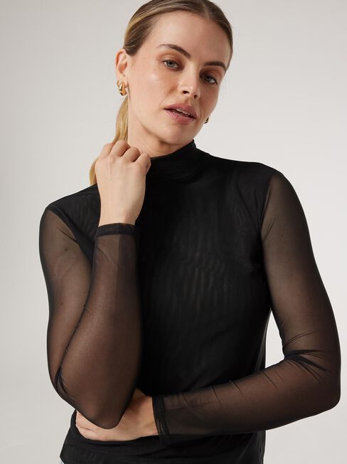 Kim Mesh Mock Neck Top, Black, hi-res