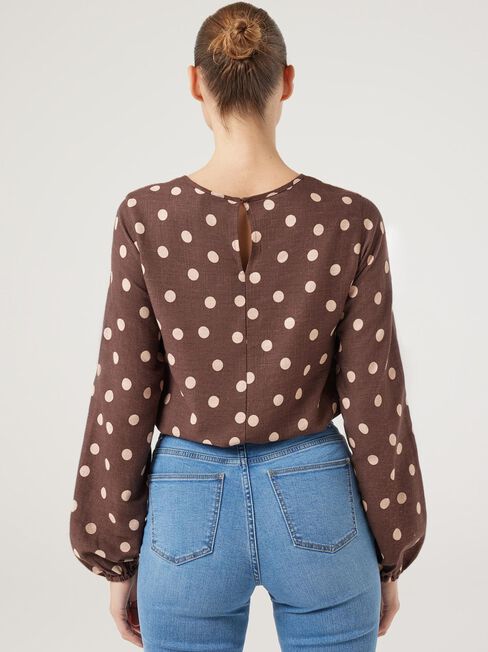 Cielo Elastic Hem Top, Choc Polka Dot, hi-res