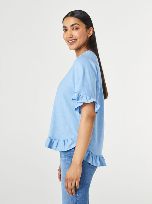 Ivy V-Neck Ruffle Top, Light Blue, hi-res