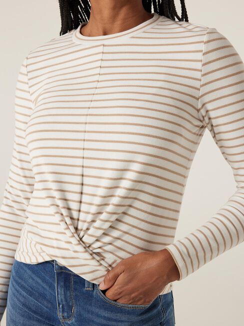 Beck Twist Hem Jersey Top, White/Camel Stripe, hi-res