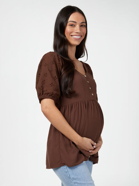 Marley Broderie Maternity Top, Brown, hi-res