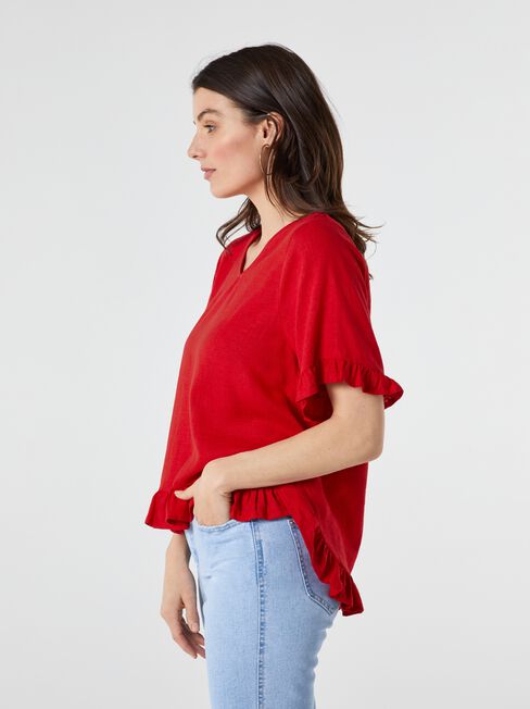 Ivy V-Neck Ruffle Top, Red, hi-res