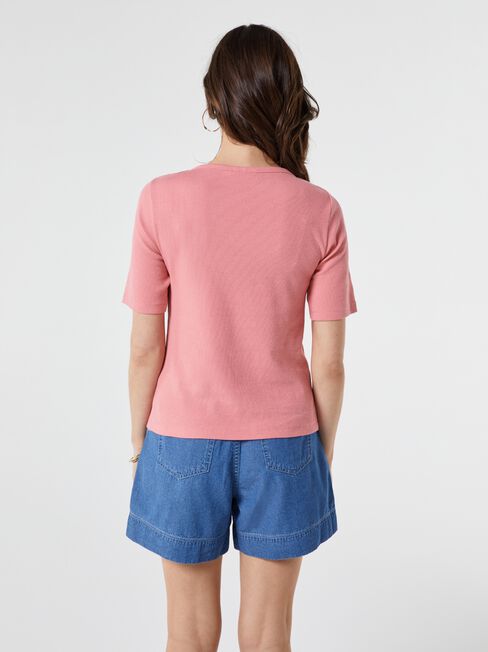 Rib Elbow Sleeve Boatneck Tee, Pink, hi-res