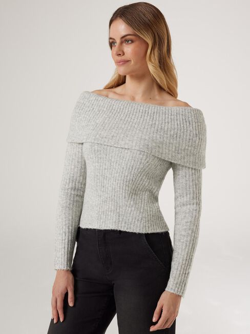 Ophelia Off Shoulder Knit, Grey, hi-res