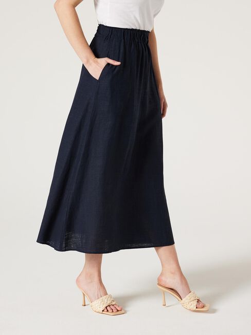 Mia Linen Midi Skirt, Ink, hi-res