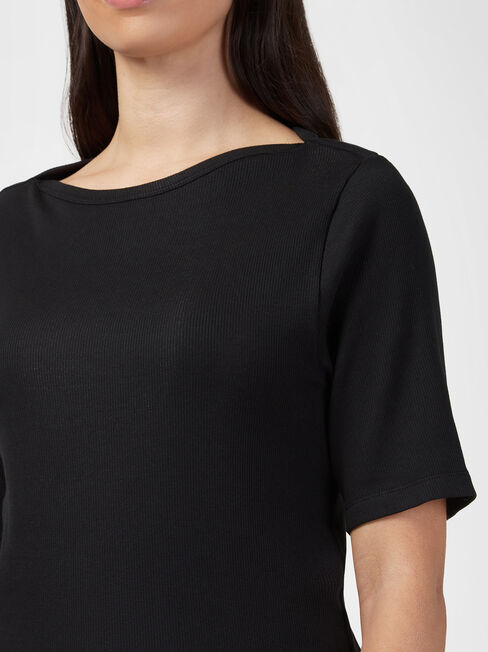 Rib Elbow Sleeve Boatneck Tee, Black, hi-res