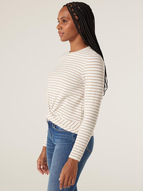 Beck Twist Hem Jersey Top, White/Camel Stripe, hi-res