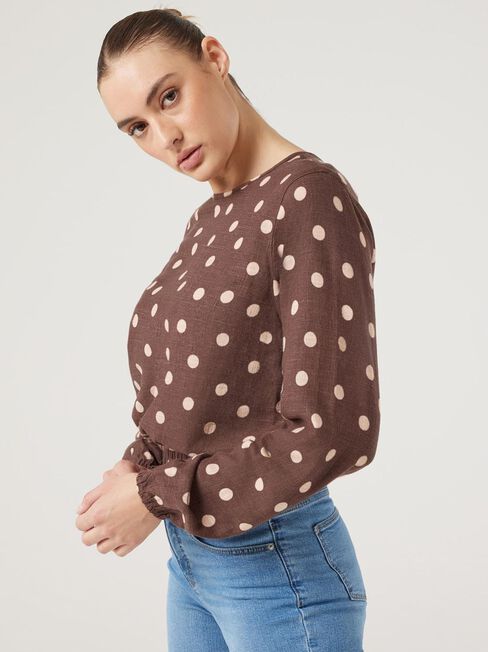 Cielo Elastic Hem Top, Choc Polka Dot, hi-res