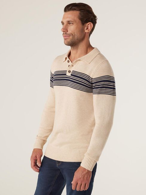 Tommy Half Button Open Collar Knit, Multi, hi-res